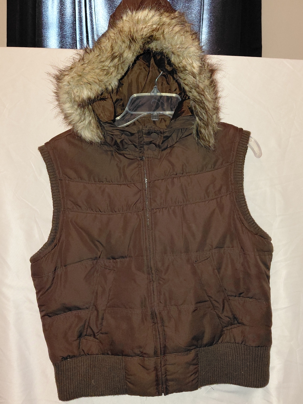 Aeropostale Brown Hooded Puffer Vest with Faux Fur Trim